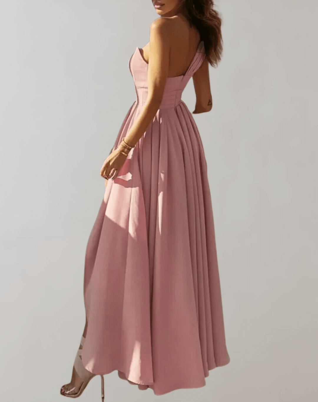 Sophisticated red pleated party dress for women, featuring a flattering leg slit, great for any special event.