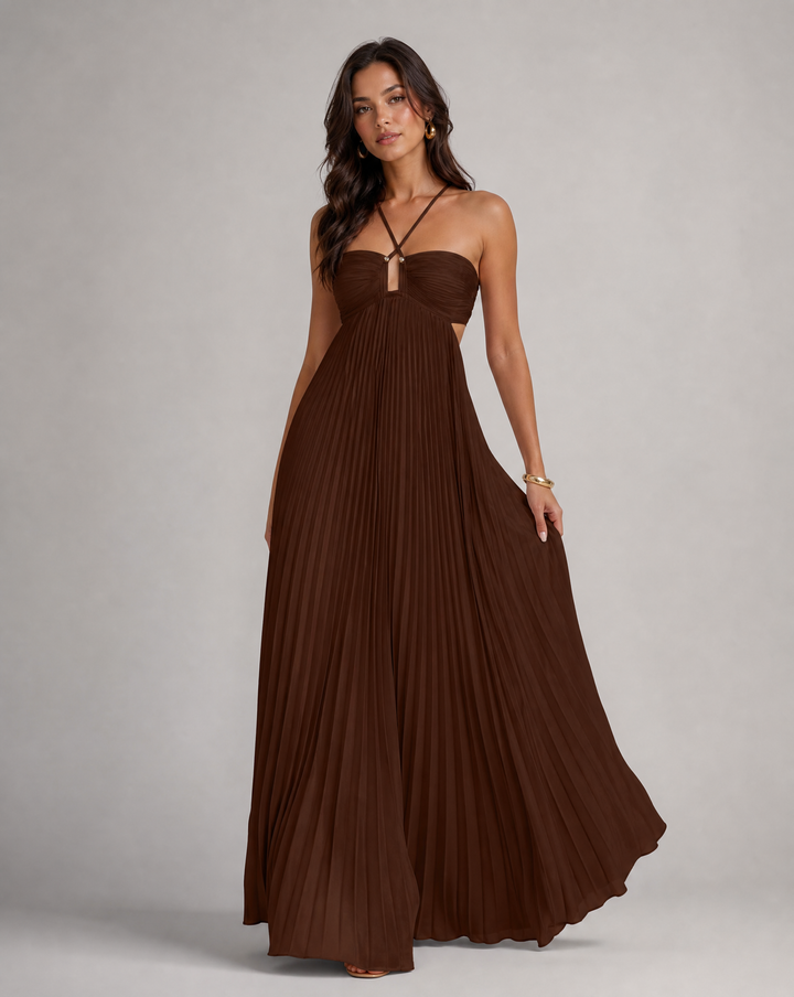Elegant women's pleated halter neck maxi dress, perfect for summer occasions & wedding guests.