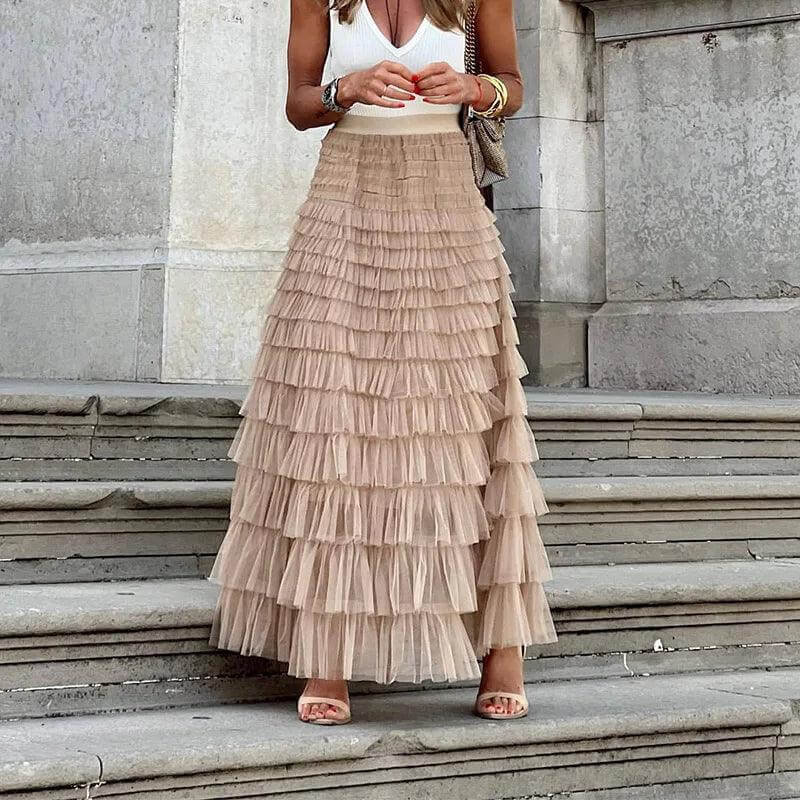 Elegant women's pleated mesh midi skirt with chic ruffle detail, perfect for spring/summer fashion.