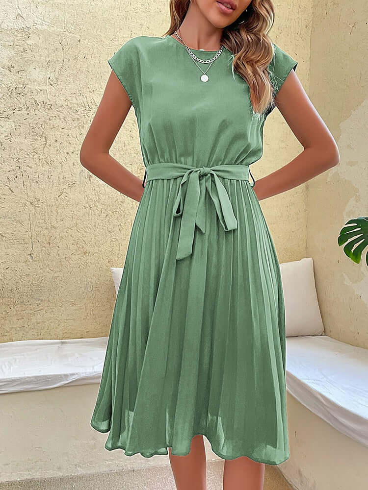 Versatile women's midi dress featuring delicate pleats, round neck, and cap sleeves for parties.
