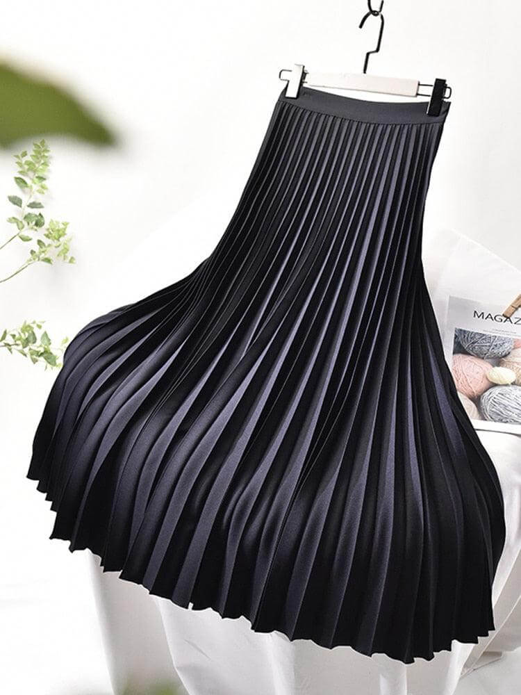 Flowy women's pleated midi skirt, chic and elegant, offering modest and comfortable ladies apparel.