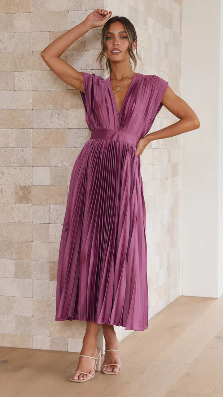Elegant women's pleated V-neck sleeveless maxi dress, perfect for formal events & parties.