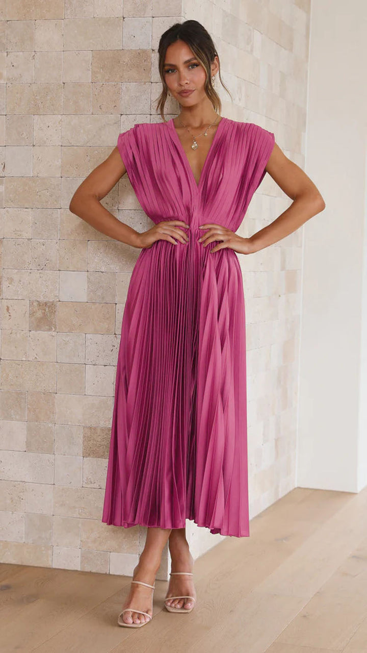 Chic women's V-neck sleeveless maxi dress with elegant pleats, ideal for evening wear.