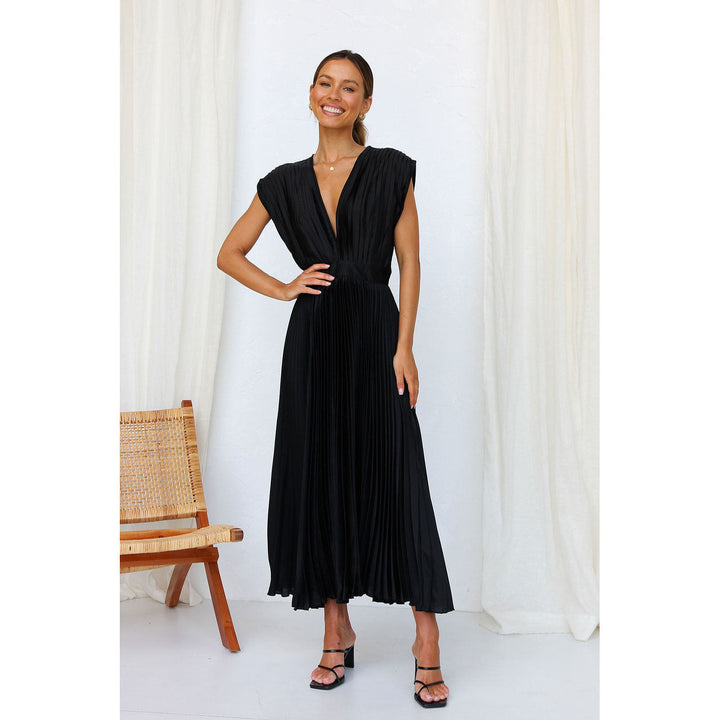 Sophisticated pleated rayon blend maxi dress for women, featuring a stylish V-neck.