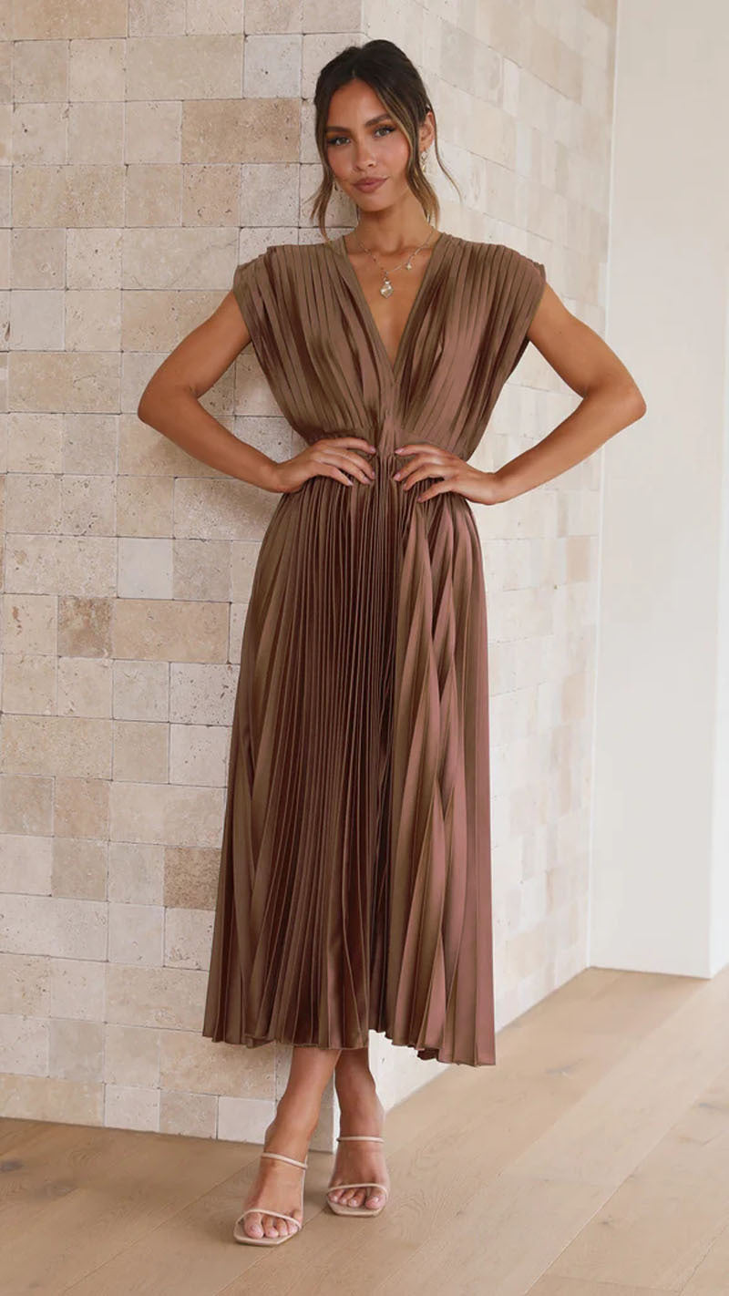 Formal women's V-neck pleated maxi dress in a comfortable rayon blend, sleeveless style.