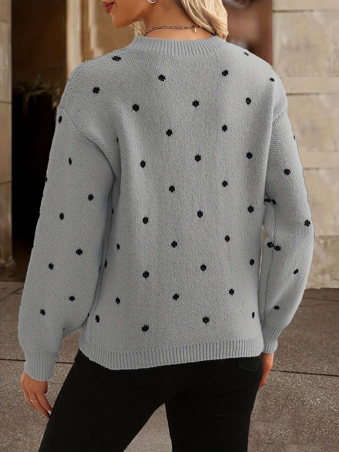 Versatile women's elegant polka dot sweater. Soft knitted long sleeve top for casual or dressy wear.