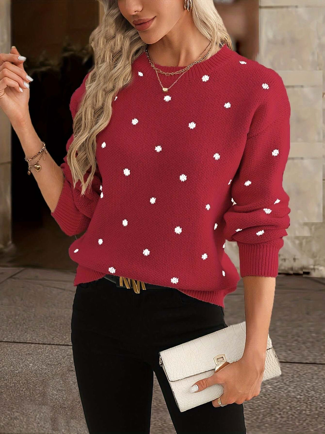 Women's elegant polka dot knitted sweater. Stylish long sleeve top for autumn & winter.