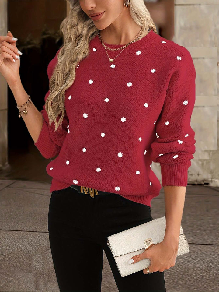 Women's elegant polka dot knitted sweater. Stylish long sleeve top for autumn & winter.