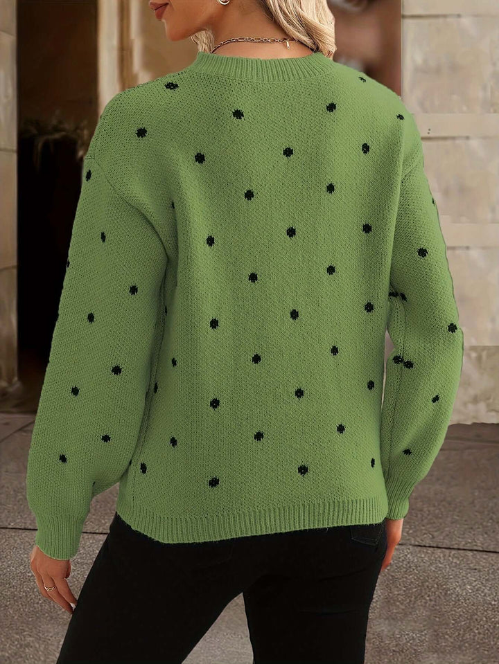 Autumn women's polka dot knitted sweater. Elegant & cozy long sleeve knitwear for casual versatility.