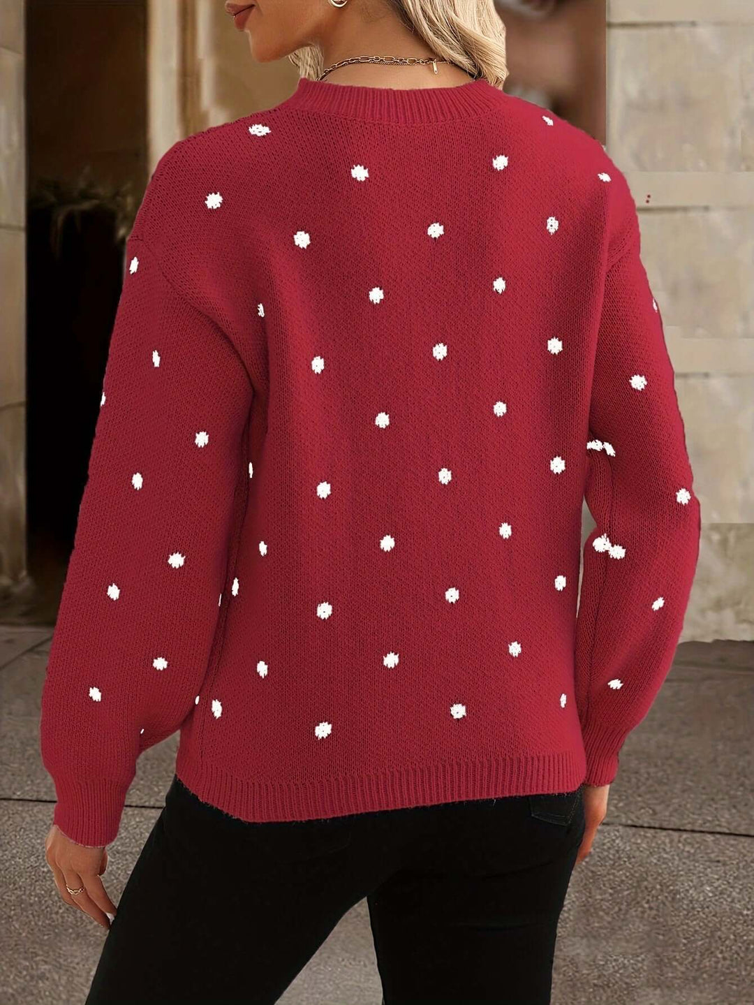Women's casual elegant polka dot knitted sweater. Versatile long sleeve top for autumn/winter comfort.