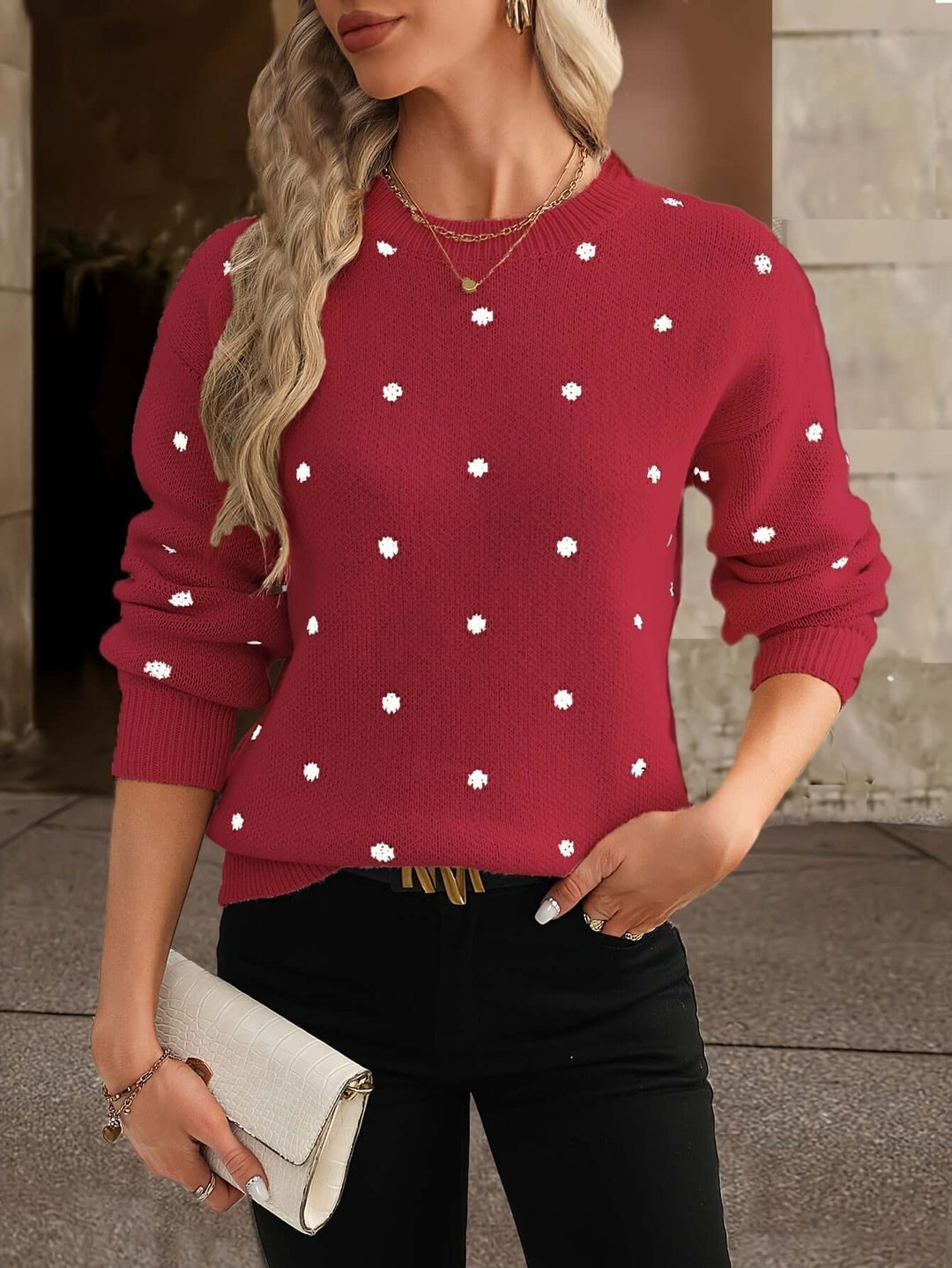 Knitted polka dot sweater for women. Elegant long sleeve, cozy & versatile for autumn winter fashion.