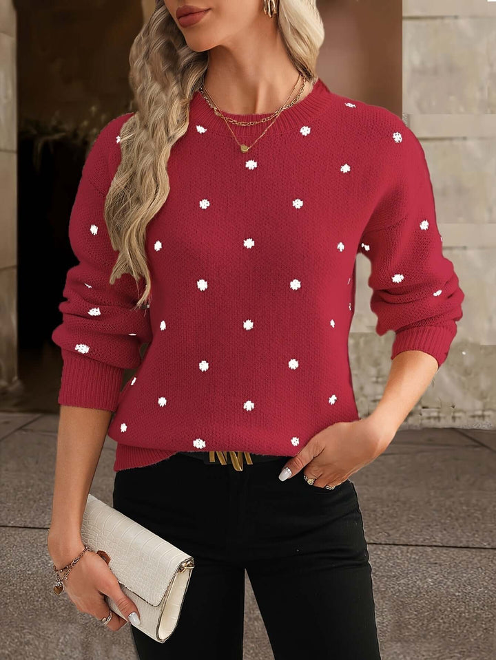 Knitted polka dot sweater for women. Elegant long sleeve, cozy & versatile for autumn winter fashion.