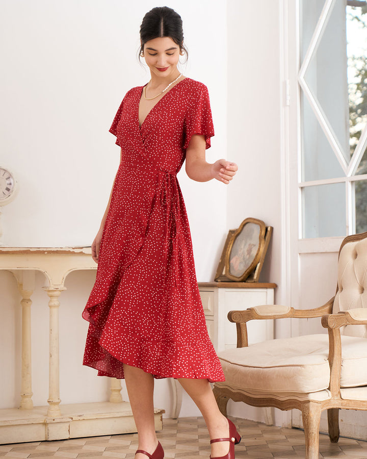Elegant women's polka dot wrap midi dress with V-neck, perfect for wedding guests, parties, and summer events.