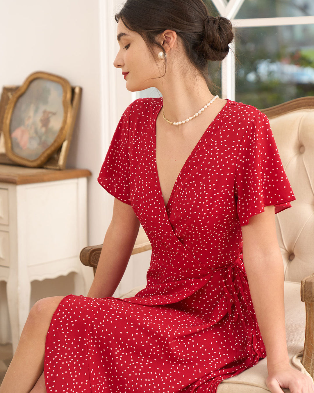 Chic women's polka dot wrap midi dress, a stylish V-neck option for wedding guests, parties, or elegant event wear.
