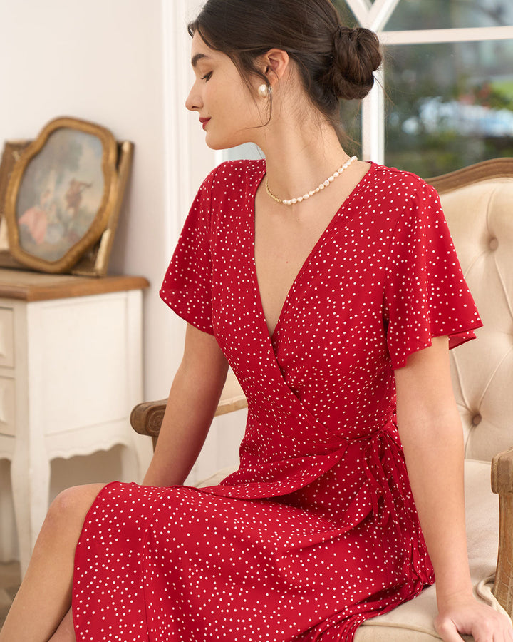 Chic women's polka dot wrap midi dress, a stylish V-neck option for wedding guests, parties, or elegant event wear.