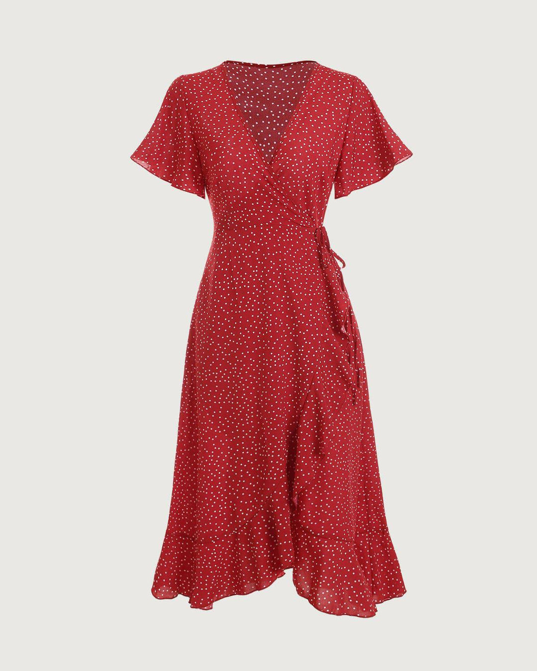 Beautiful women's polka dot wrap midi dress. An elegant V-neck choice for wedding guests, formal parties, and summer.