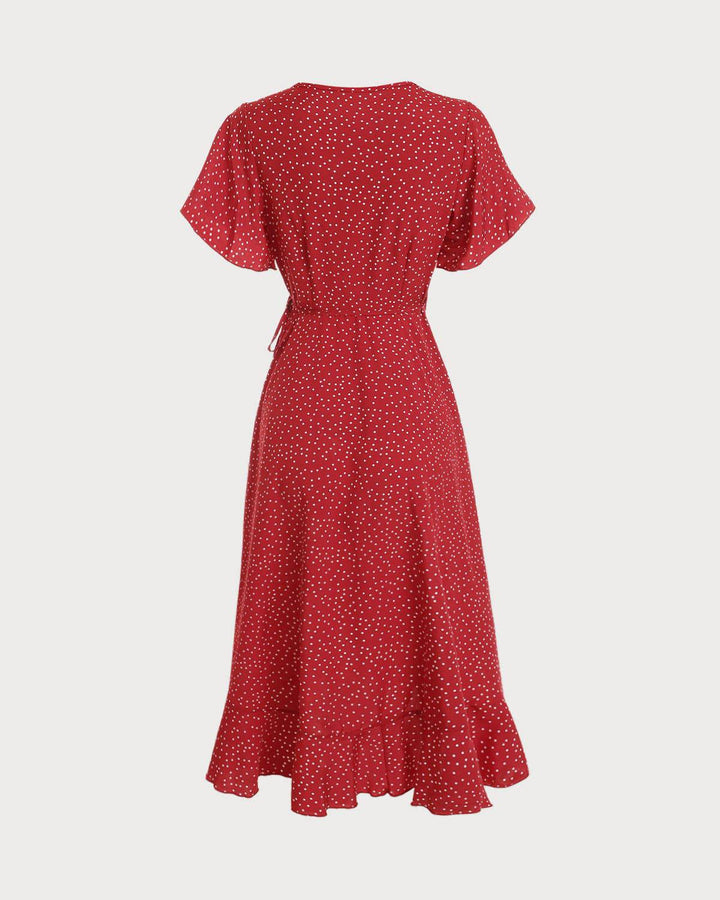 Versatile women's polka dot wrap midi dress. Elegant V-neck design, perfect for wedding guests, parties, event wear.