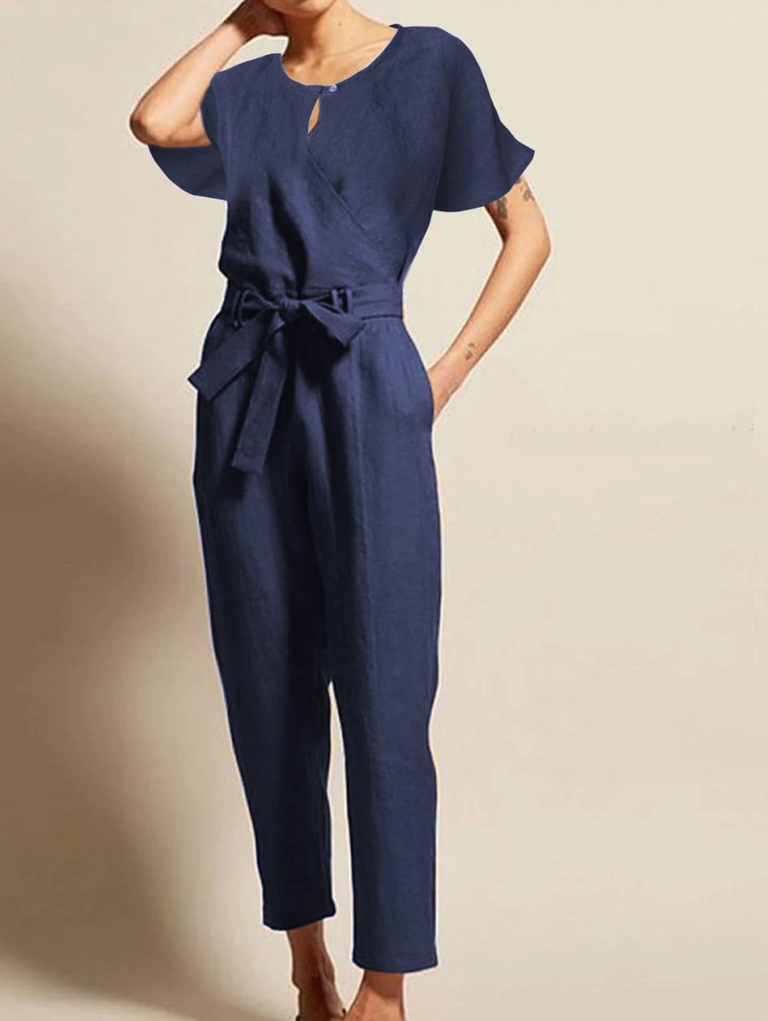 Mathilda radiant women's summer jumpsuit. Short-sleeve, belted one-piece for comfortable & elegant day-to-night fashion.