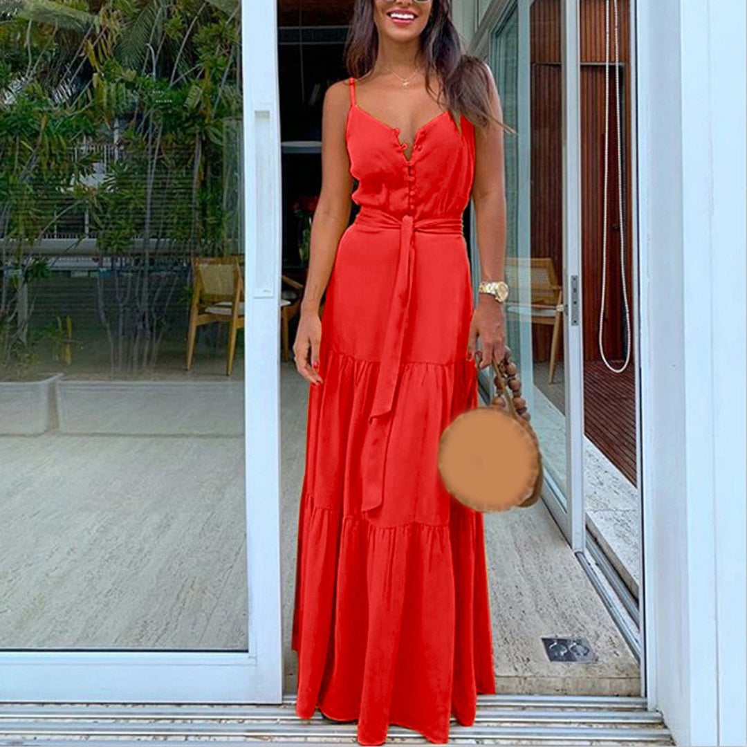 Elegant Women's red maxi dress with button front, tie straps & tiered skirt. Perfect for summer vacations.