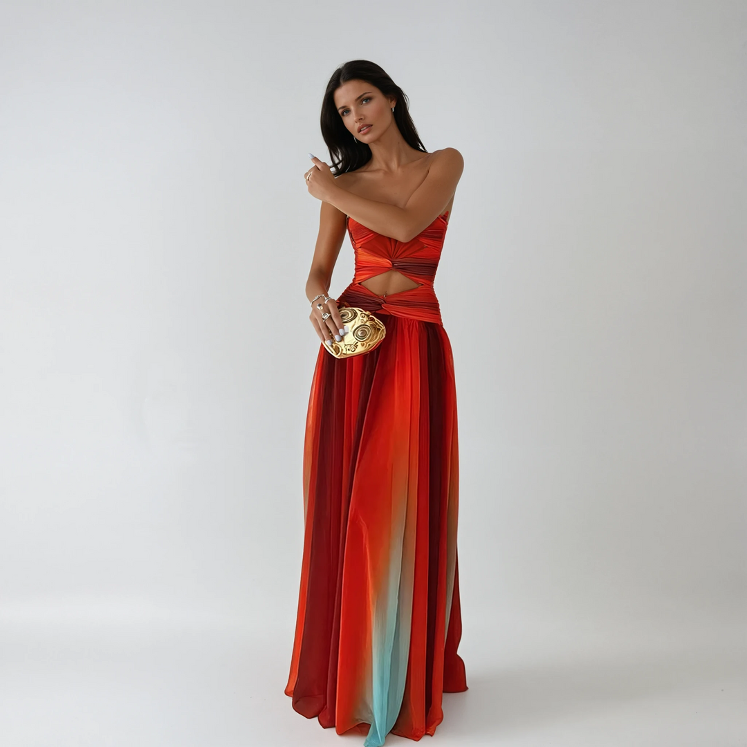 Elegant women's red strapless A-line maxi dress for prom or formal evening events. Perfect party wear.