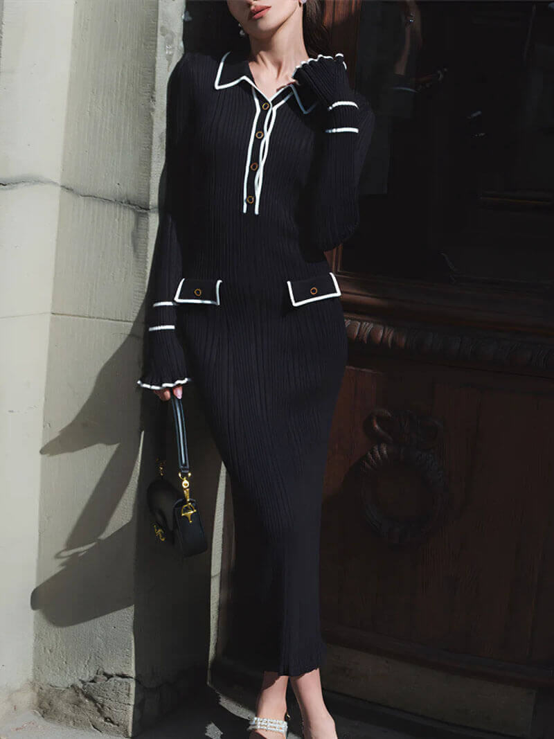 Chic women's ribbed midi sweater dress. Long sleeve design, ideal for elegant fall & winter fashion. Comfortable fit.