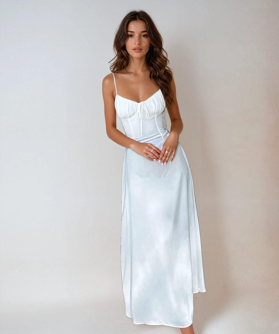 Elegant women's ruched maxi dress, perfect for wedding guests or formal evening events.