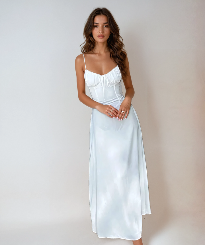Elegant women's ruched maxi dress, perfect for wedding guests or formal evening events.