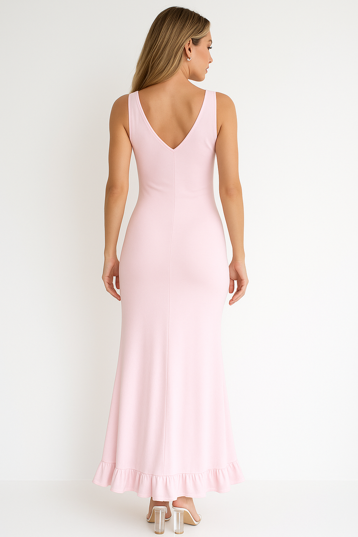 Sleeveless ruched V-neck maxi dress for women, ideal for formal summer events or special occasions.