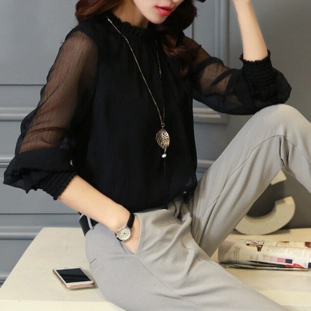 Elegant women's ruffle blouse with sheer puff sleeves, perfect for office, spring, or versatile casual chic.