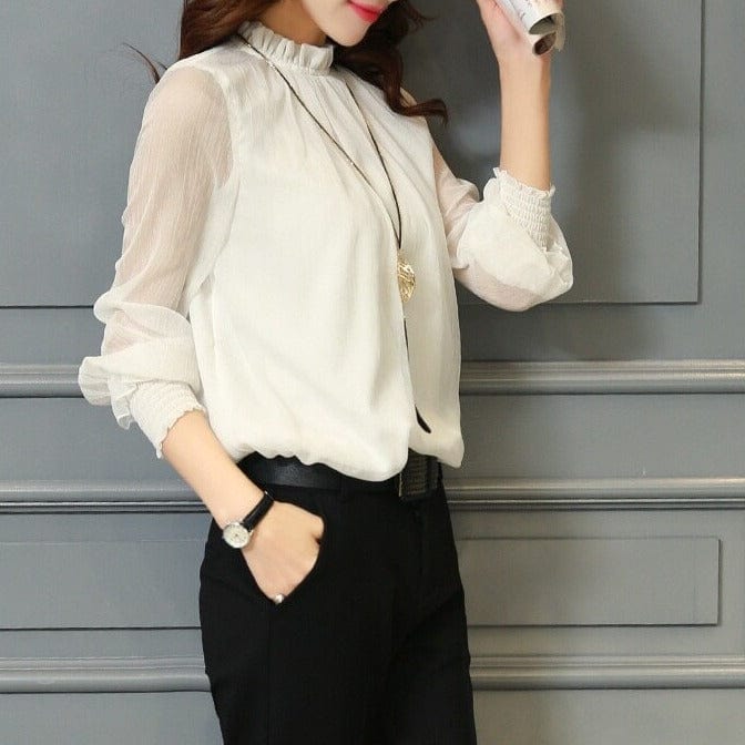 Versatile women's ruffle blouse featuring chic sheer puff sleeves. Ideal feminine top for spring, summer & office wear.