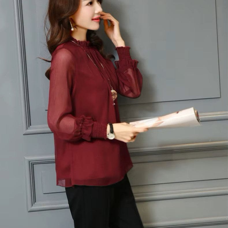 Chic women's chiffon ruffle blouse with transparent puff sleeves. An elegant top for versatile spring & summer fashion.