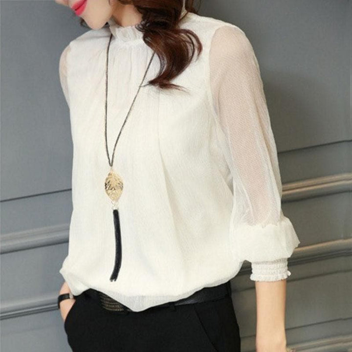 Modern women's ruffle blouse, sheer puff sleeves, elegant design. Ideal for office wear, casual chic, and versatile looks.