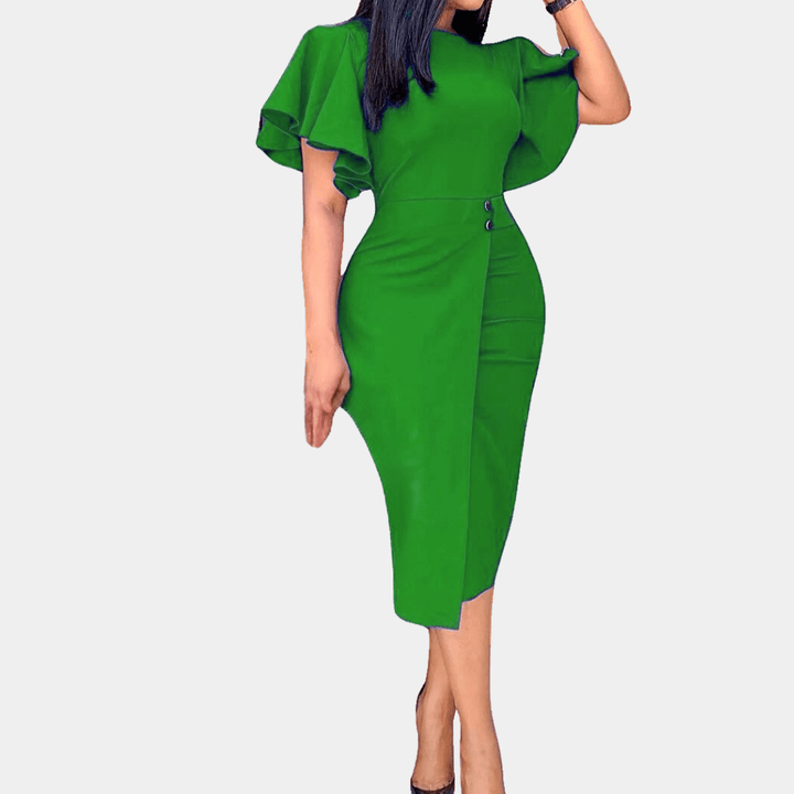 Stylish women's wrap midi dress with ruffle sleeves. Versatile for casual or formal wear, spring fashion.