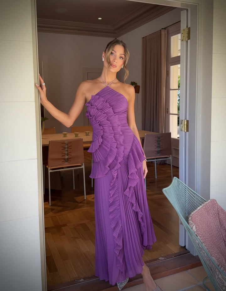 Elegant women's ruffled halter maxi dress for formal evening events, perfect as a wedding guest or gala gown.