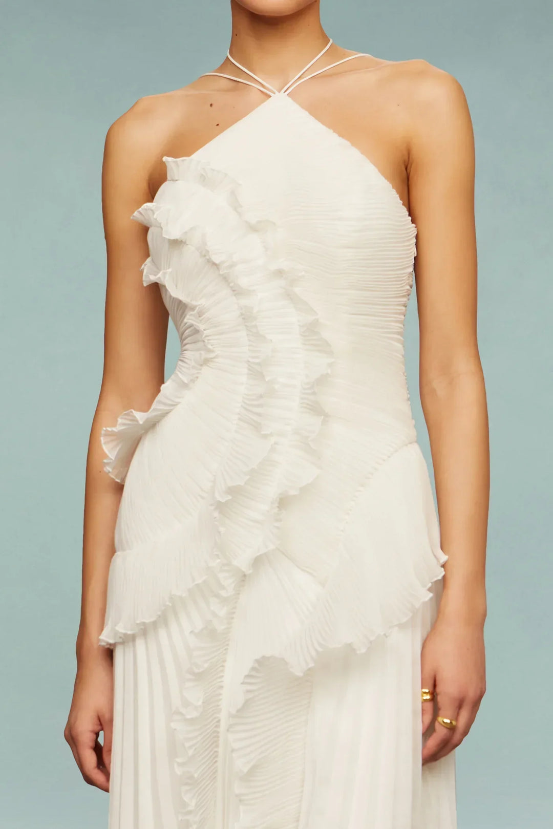 Women's elegant ruffled halter maxi dress; a versatile formal evening gown for special occasions or summer parties.