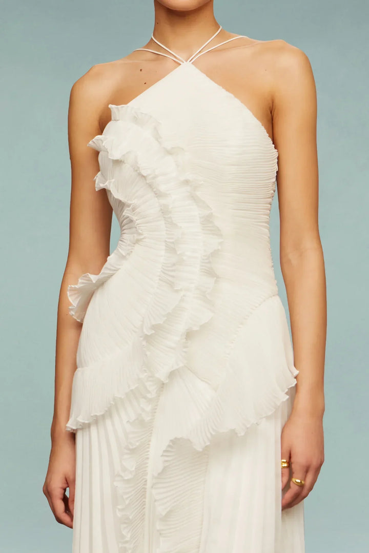 Women's elegant ruffled halter maxi dress; a versatile formal evening gown for special occasions or summer parties.