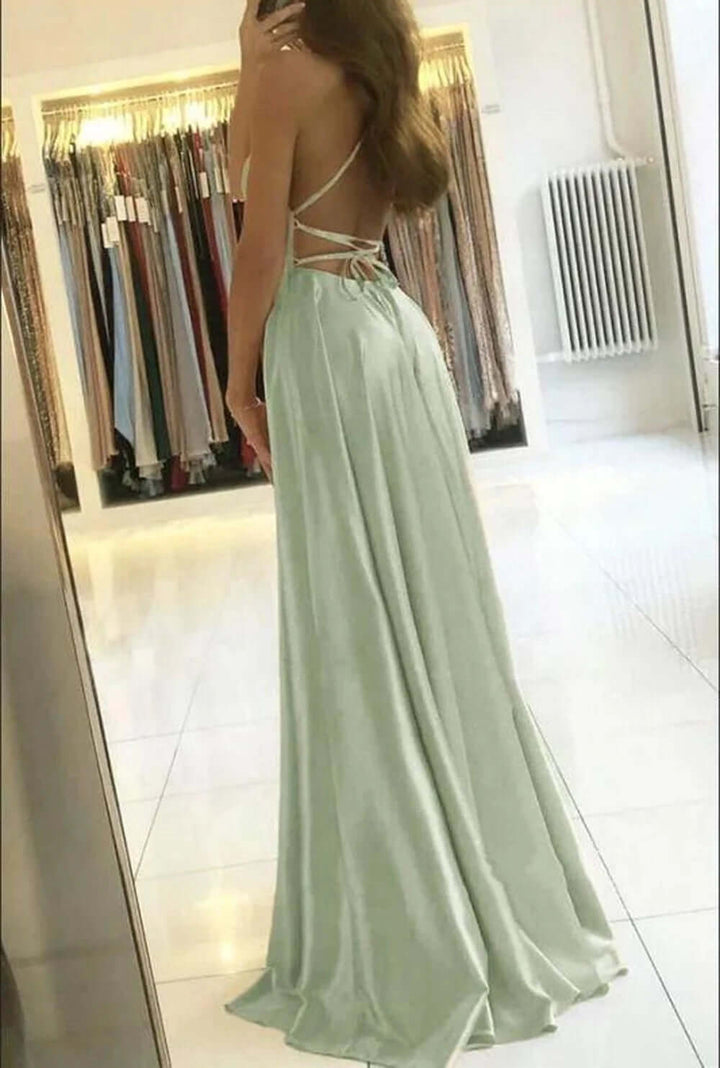 Elegant satin women's party dress featuring a high slit and A-line silhouette, perfect for sophisticated evening wear.