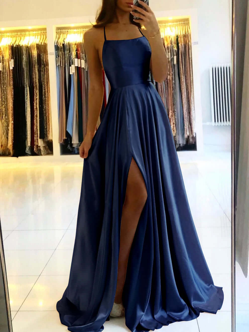 Flowing women's long satin evening gown with a flattering A-line cut and elegant high slit for special occasions.