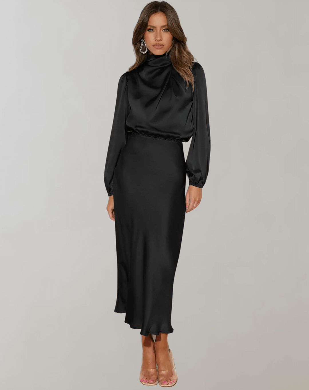 Elegant women's satin high neck long sleeve mini dress, perfect for parties & formal events. Chic & stylish.