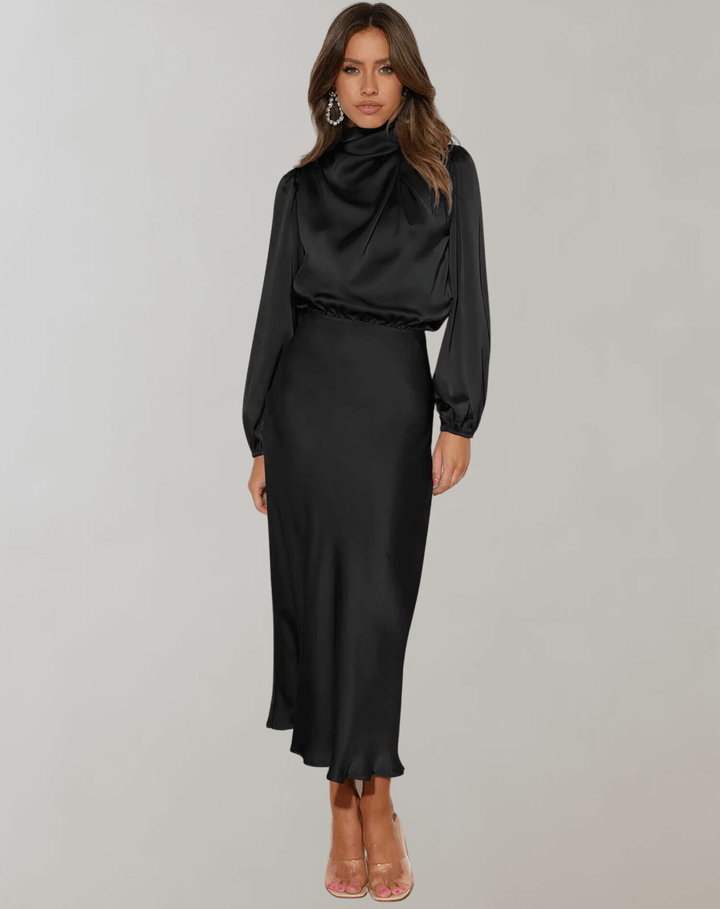 Elegant women's satin high neck long sleeve mini dress, perfect for parties & formal events. Chic & stylish.