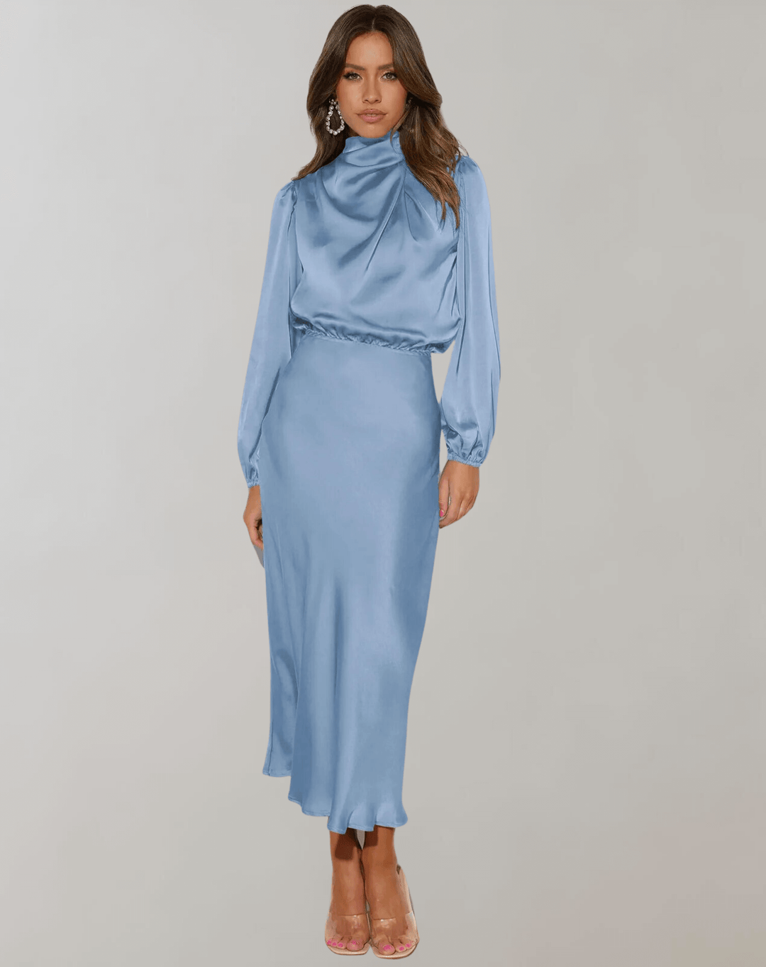Luxurious satin mini dress for women, featuring a high neck & long sleeves. Ideal elegant party or cocktail wear.