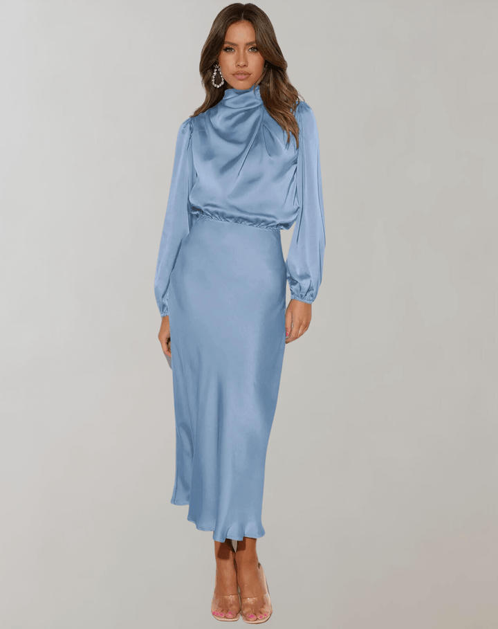 Luxurious satin mini dress for women, featuring a high neck & long sleeves. Ideal elegant party or cocktail wear.