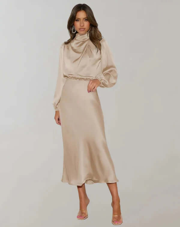 Women's high neck long sleeve mini dress in elegant satin. Perfect formal or evening wear for a sophisticated look.