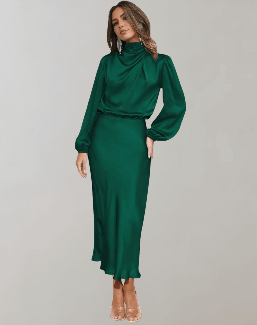 Chic women's satin mini dress with high neck & long sleeves. Ideal elegant party, cocktail, or formal evening dress.