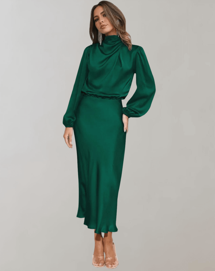 Chic women's satin mini dress with high neck & long sleeves. Ideal elegant party, cocktail, or formal evening dress.