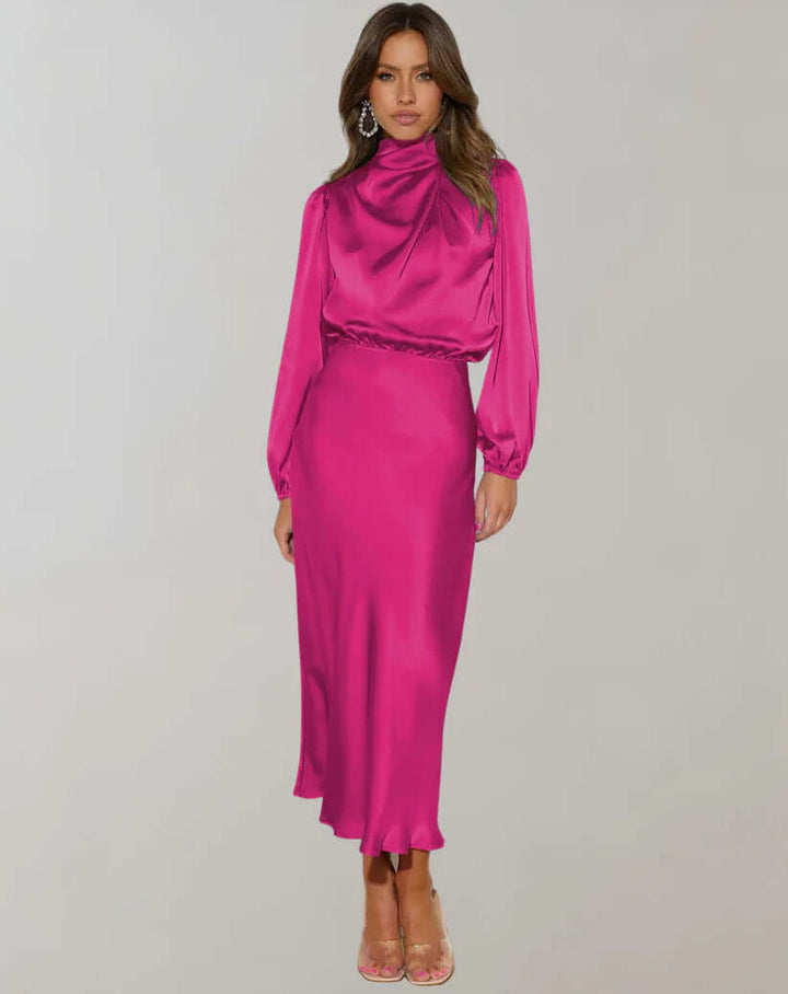 Stylish women's elegant satin mini dress. High neck & long sleeves offer a flattering fit for formal occasions.