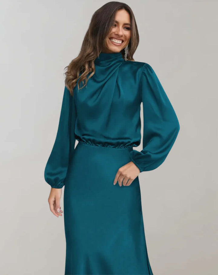 Fashionable women's elegant satin high neck long sleeve mini dress, a sophisticated choice for evening & party.