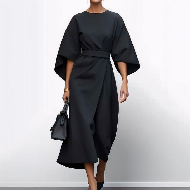Sophisticated women's satin maxi dress with elegant batwing sleeves, a flowy drape, and a comfortable, flattering fit.