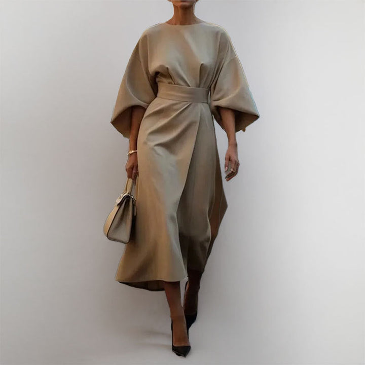 Chic women's satin batwing maxi dress, an elegant evening gown or party dress with a gorgeous draped, flowy silhouette.
