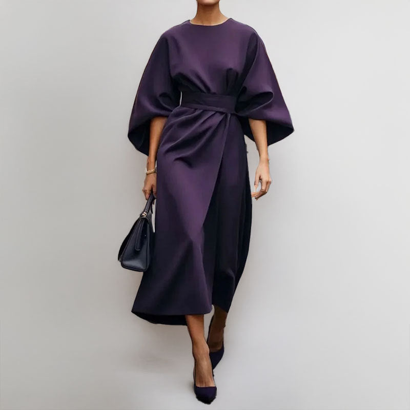 Women's elegant satin maxi dress with batwing sleeves, a draped & flowy long dress ideal for evening wear.
